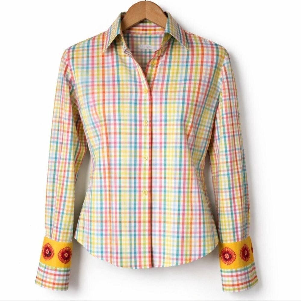 Andrea BeckeR Vintage Plaid Poppy Embroidery Button Front Cottagecore Blouse